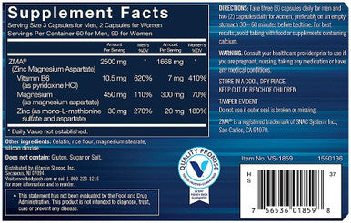 Bodytech Zma-Premium Zinc, Magnesium, And Vitamin B6 Supplement To Support Enhanced Muscle Recovery, Improved Sleep Quality, And Optimal Immune Health, Boosts Muscle Strength (180 Capsules)