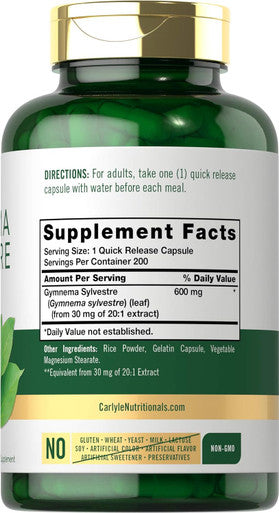 Carlyle Gymnema Sylvestre Capsules | 600mg | 200 Count | Non-GMO and Gluten Supplement