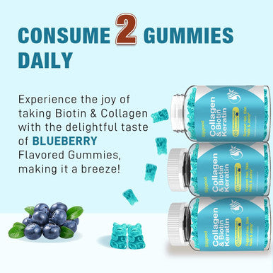 Biotin Gummies 15000Mcg With Collagen, Keratin, Hyaluronic Acid, Vitamin For Skin, Hair Growth, Nails & Joints, Women Men Adults Kids - 60 Blueberry Flavored Gummies