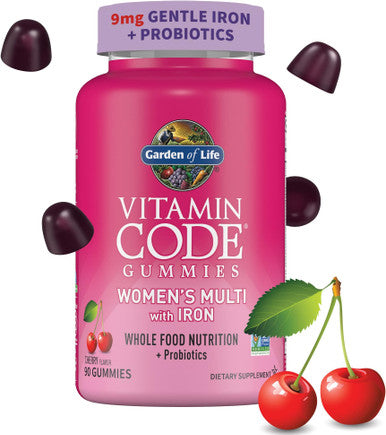 Garden of Life Women's Multivitamin Gummy with Iron Folate Biotin D3 & B12 for Hair Skin & Nails + Probiotics for Immune Health & Digestion Vitamin Code Non-GMO Gluten-Free 90 Cherry Gummies 30 Day Supply