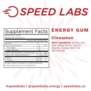 Cinnamon Natural Caffeine Energy Gum 25Mg Caffeine, Taurine, B Vitamins Per Piece, 48 Pieces (6 Packs Of 8) Sugar Free, Zero Calories, Naturally Sweetened, Gluten Free