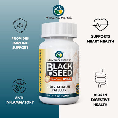 Amazing Herbs Whole Spectrum Black Seed & High Potency Garlic, Vegetarian Capsules - Gluten-Free, Non-Gmo, Vegan, Helps Supports Immune System - 100 Count