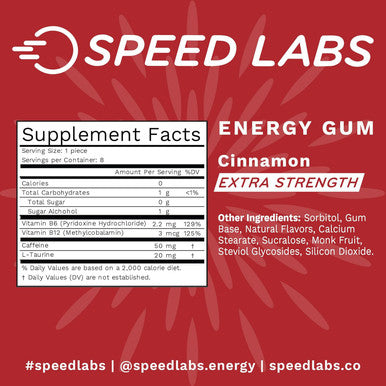 Speed Labs Cinnamon Extra Strength Caffeine Chewing Gum 50Mg Caffeine, Taurine, & B Vitamins Per Piece, 48 Pieces (6 Packs Of 8 Pieces) Sugar Free, Zero Calorie, No Aspartame, Gluten Free