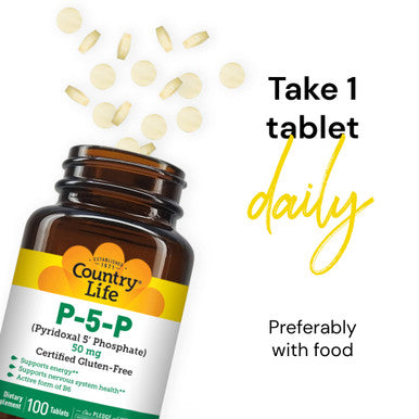 Country Life P5P Vitamin B6 (Pyridoxal Phosphate) 50Mg 100 Tablets Certified Gluten Free Certified Vegan Verified Non-Gmo Verified