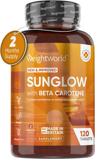 Weightworld Tanning Tablets - 120 Tablets - Beta Carotene Tanning Accelerator with Vitamin B2 & B3 Zinc Copper & Iodine - for Sun-Kissed Glow - Lotion & Oil Alternative - Gluten- & Non-GMO - Made in The UK