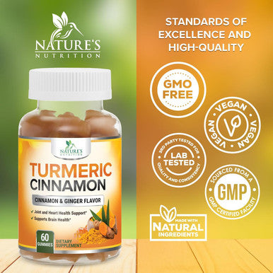 Nature'S Nutrition Turmeric Curcumin Gummies 95% Curcuminoids with Cinnamon Ginger & Black Pepper Extract for Max Absorption Joint Support Supplement Nature's Herbal Turmeric Gummy Pills Vegan Non-GMO - 60 Gummies