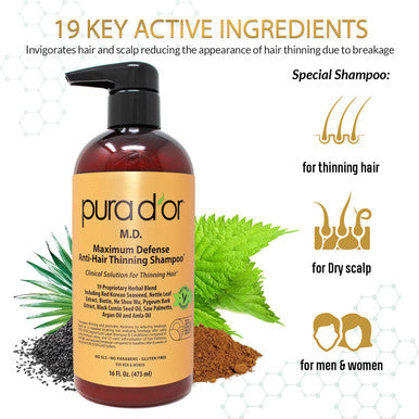 PURA D'OR MD Anti-Hair Thinning Shampoo w/ 0.5% Coal Tar, Biotin Shampoo (16oz)