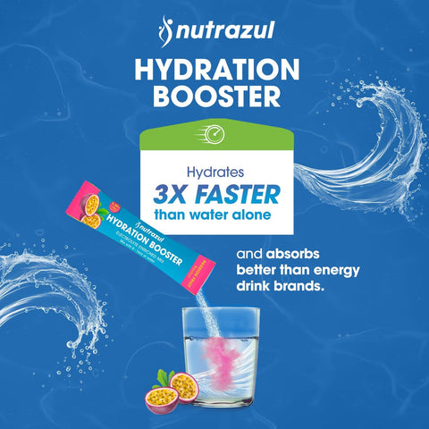 Nutrazul Hydration Booster 30 Sticks Supports Rapid Hydration Electrolyte Enriched Mix No Artificial Sweeteners Passion Fruit Flavour Vegan Gluten- Non-Gmo