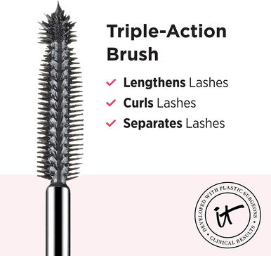 IT Cosmetics Hello Lashes 5in1 Mascara Black Volumizing Mascara Lash Primer Lash Serum Lash Tint Lash Curler Lengthens Separates Lashes With Collagen Biotin Peptides 0.33 fl oz