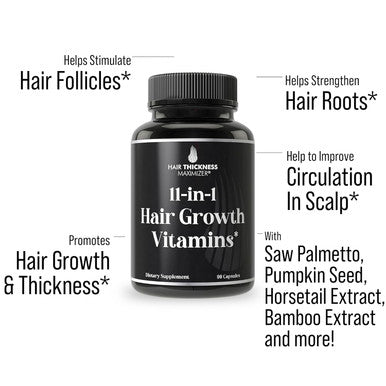 Hair Thickness Maximizer 11-In-1 Vegan Hair Growth Vitamins With Biotin 5000Mcg Pumpkin Seed Saw Palmetto & Bamboo Extract Hair Strengthening Supplement - Hair Vitamins For Thicker Hair Growth