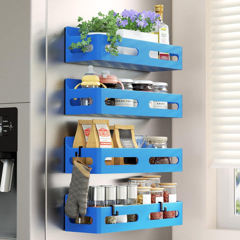 4-Pack Magnetic Spice Rack for Refrigerator with Hooks, Pink | Strong multipurpose magnetic shelf for kitchen & bathroom organization. Includes 4 removable hooks for hanging items.