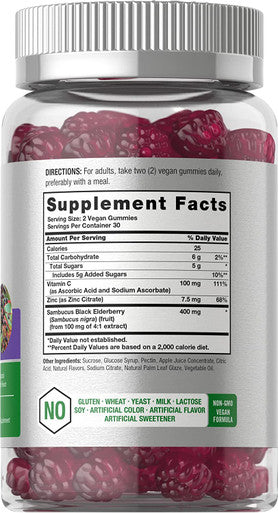 Sambucus Black Elderberry Gummies | 60 Count | with Zinc and Vitamin C | Vegan, Non-GMO, Gluten Free Extract for Adults | Natural Berry Flavor | by Horbaach