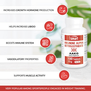 Supersmart Arginine Alpha Ketoglutarate AAKG 12 g Per Serving Amino Acid Boost Immune System Support Healthy Cardiovascular System Muscle Mass NonGMO Gluten Free 100 Tablets
