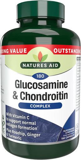 Natures Aid Glucosamine and Chondroitin Complex with Vitamin C Rosehip Ginger and Turmeric 180 Capsules