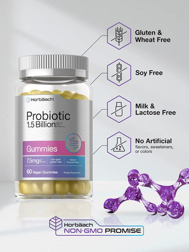 Probiotic Gummies | 60 Count | 1.5 Billion Effective Cells | Vegan, Non-GMO, and Gluten Free Supplement for Women and Men | Natural Tropical Flavor | by Horbaach
