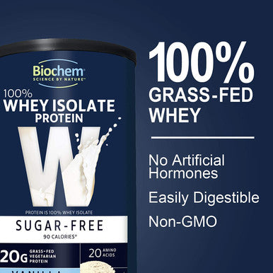 Biochem 100 Whey Isolate Protein 11.8 oz Sugar Vanilla 20g Vegetarian Protein KetoFriendly Amino Acids Invigorating Taste Easily Digestible