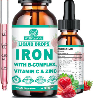 WellVeraVida Liquid Iron Supplement W/Vitamin C, B-Complex, High Potency Iron Liquid W. Multivitamin, Vegan Iron Drops For Women, Kids, Chelate Liquid Iron Supplement For Anemia, Fatigue, Red Blood Cell Support