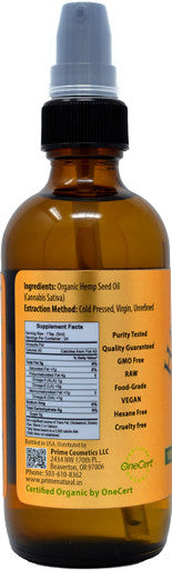 PRIME NATURAL Organic Hemp Seed Oil 4Oz - Usda Certified - Sativa Oil - Pure, Cold Pressed, Virgin, Unrefined, Vegan, Food Grade - High Omega 3 6 9 Fatty Acids - Good For Face, Body, Skin & Hair Care