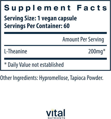 Vital Nutrients L-Theanine 200mg | Vegan Supplement | L Theanine Supplement Supports Normal Stress Levels and Cognitive Function | Gluten Dairy and Soy | 60 Capsules