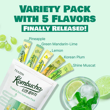 Teazen Kombucha Tea Tropical Zest Hydration Variety Pack - 20 Sticks 5 Flavor (Lemon Pineapple Korean Plum Shine Muscat Green Mandarin-Lime)