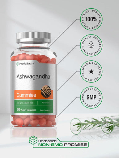 Horbaach Ashwagandha Gummies For Women And Men 60 Count Vegan, Non-Gmo, Gluten Supplement Tropical Flavor
