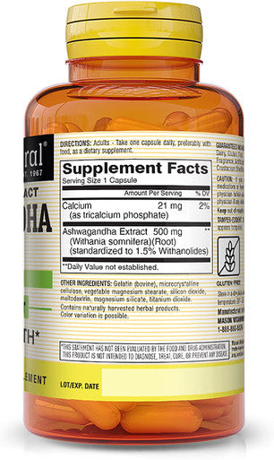 Mason Natural Ashwagandha Powder 500 mg - Healthy Stress Response and Mood Support, Herbal Supplement, 60 Capsules (Pack of 3)
