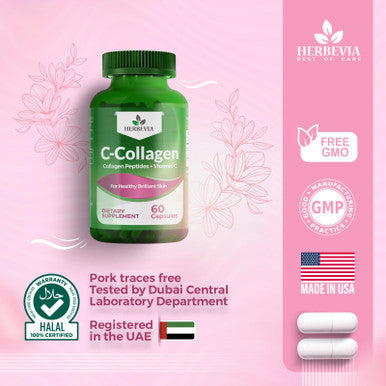 Herbevia C-Collagen Hydrolyzed Collagen Capsule & Vitamin C Glowing Skin Healthy Hair Nails & Joints | Anti-Aging Supplement for Adults Halal Certified GMO-Free 60 Capsules