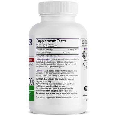 Bronson Apple Cider Vinegar 3000 MG Extra Strength - Non-GMO, 200 Vegetarian Tablets