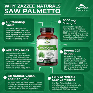Zazzee Extra Strength Saw Palmetto 20:1 Extract, 6000 Mg Strength, 40% Fatty Acids, 120 Vegan Capsules, 4 Month Supply, Concentrated And Standardized 20X Extract, Non-Gmo, All-Natural, Made In The Usa