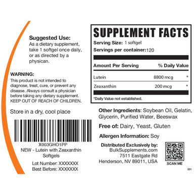 Bulksupplements.Com Lutein With Zeaxanthin Softgels - Zeaxanthin Plus Lutein, Lutein And Zeaxanthin Supplements, Eye Vitamins - Gluten Free, 1 Softgel Per Serving, 120 Softgels