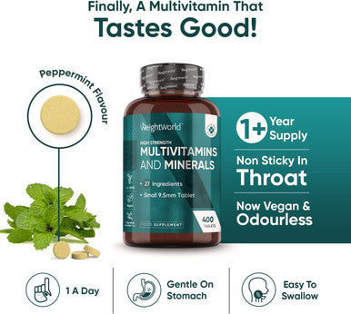 Weightworld Multivitamin Tablets for Men & Women with 27 Active Multivitamins & Minerals Like Iron Zinc & Vitamin D - Peppermint Flavour 400 Micro Tablets - Vegan Multivitamins Nutritional Supplement