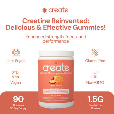 Create Creatine Monohydrate Gummies for Men & Women | 1.5g Creatine per Gummy for Muscle Strength Endurance Recovery & Focus | Vegan Non-GMO Gluten-Free | Premium Sour Peach Flavor | 90 Count
