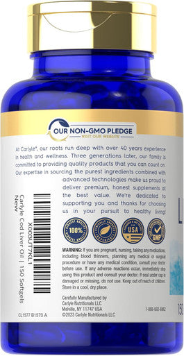 Carlyle Norwegian Cod Liver Oil with EPA & DHA | 1245mg | 150 Softgels | Liquid Capsules | Non-GMO & Gluten Supplement