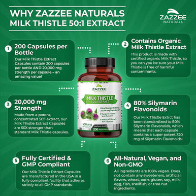 Zazzee Organic Milk Thistle Extract 20,000 mg Strength, 200 Vegan Capsules, Potent 50:1 Extract, 80% Silymarin Flavonoids, Contains Organic Milk Thistle, Over 6 Month Supply, Non-GMO and All-Natural
