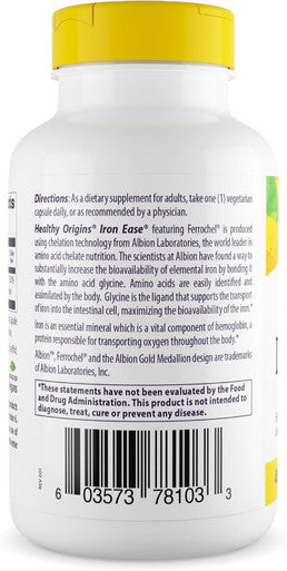 Healthy Origins Iron Ease 45 mg (Featuring Albion Ferrochel, Non-GMO, High Potency, Ferrous Bisglycinate Chelate), 180 Veggie Caps