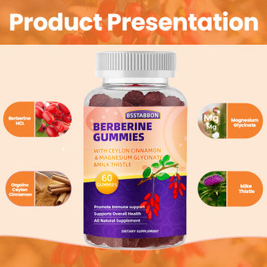 BSSTABBON Berberine Gummies With Berberine Hcl,Ceylon Cinnamon,Magnesium Glycinate Per Serving For Men And Women 60Gummies