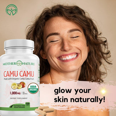 Mother Nature Organics Superfoods for Organic Living Organic Vitamin C From Camu Camu Capsules 1,000Mg, Packed With Natural Vit C, Raw Antioxidants - Immune Support Supplement & Anti-Aging For Skin - Powder Organic, Vegan, Non-Gmo (120 Count)
