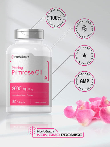Evening Primrose Oil Capsules 2600mg | 150 Softgels | Hexane and Solvent Free Pills | Cold Pressed Supplement with GLA | Non-GMO, Gluten Free | by Horbaach