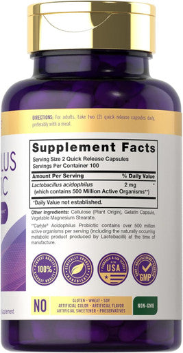 Carlyle Acidophilus Probiotic | 500 Million CFU | 200 Capsules Non-GMO & Gluten | Probiotic for Men & for Women