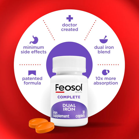 Feosol Complete Iron Supplement Caplets Bifera Iron for High Absorption Heme and NonHeme Dual Action Minimizes 1 Per Day for Energy and Immune System Support Made in USA 30 Count