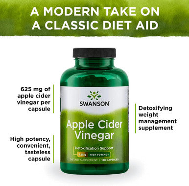 Swanson Apple Cider Vinegar Capsules - Supports Healthy Weight Loss & Digestive Health - Helps Support Metabolism and Maintain Glucose Profile - (180 Capsules 625mg Each) 2 Pack