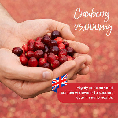 Healthspan Cranberry 25,000mg | 60 Capsules | Immune Health | 40mg Vitamin C | Equivalent to 25,000mg of Whole Fresh Cranberries | Vegan