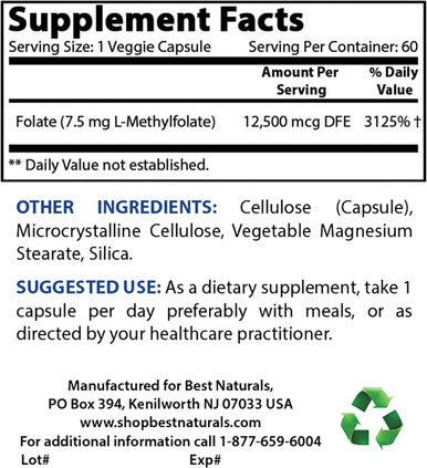 Best Naturals Methyl Folate 7500 mcg (7.5mg) (Most Bio-Available) Veggie Capsule - Supports Cell Formation Growth Function Brain Memory Cardiovascular Health 60 Count
