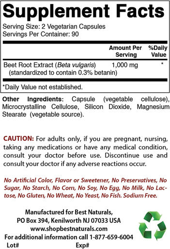 Best Naturals Beet Root Powder 500 Mg Capsules 180 Count