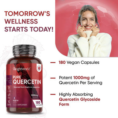 Weightworld Pure Quercetin 1000mg - 180 Vegan Quercetin Powder Capsules - High Strength Quercetin Supplement - 2 Quercetin Capsules Per Serving - High Absorption & Effectiveness - Natural Immunity Supplement