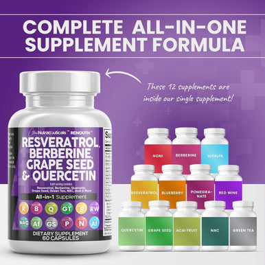 Clean Nutraceuticals Resveratrol Berberine Grape Seed Extract Quercetin Green Tea Extract Polyphenol Supplement For Women & Men W/N-Acetyl Cysteine, Acai Extract - 1Pack