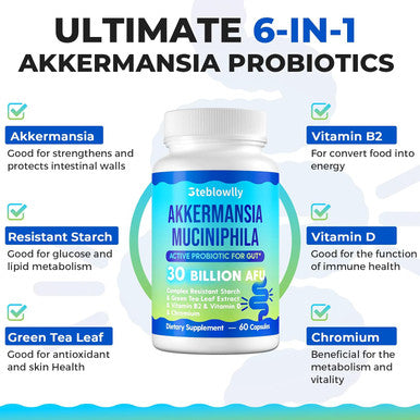 Akkermansia Probiotic, Akkermansia Muciniphila, Glp-1, Live Strain Probiotics For Women & Men, Glp-1 Supplement For Gut Health, Digestive, Metabolic, Immune, With Chromium, Green Tea Leaf, 60 Capsule