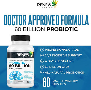 Renew Actives New Probiotics 60 Billion Cfu With Maktrek Bi-Pass Technology, Probiotics Made To Survive Stomach Acid With Advanced Absorption For Digestive Health, Immunity, & 60 Capsules!