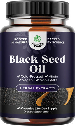 Natures Craft Vegan Black Seed Oil Capsules - Cold Pressed Nigella Sativa Black Cumin Seed Oil Capsules with Omega 3 6 9 Antioxidants and Thymoquinone for Hair Growth Immune Support Joint Health and Digestion