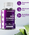 Vitamatic Iron 65 Mg Gummies Supplement For Women & Men - 60 Vegan Gummies - Great Tasting Iron Gummy Vitamins With Vitamin C (1)